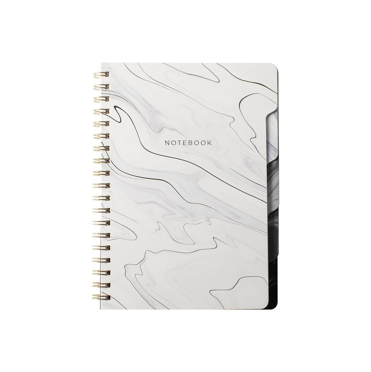 Large tab notebook with gray marble cover and gold spiral, front title panel