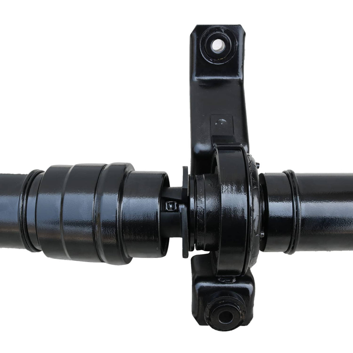 Rear drive shaft center joint with black brackets and rubber-mounted bushing