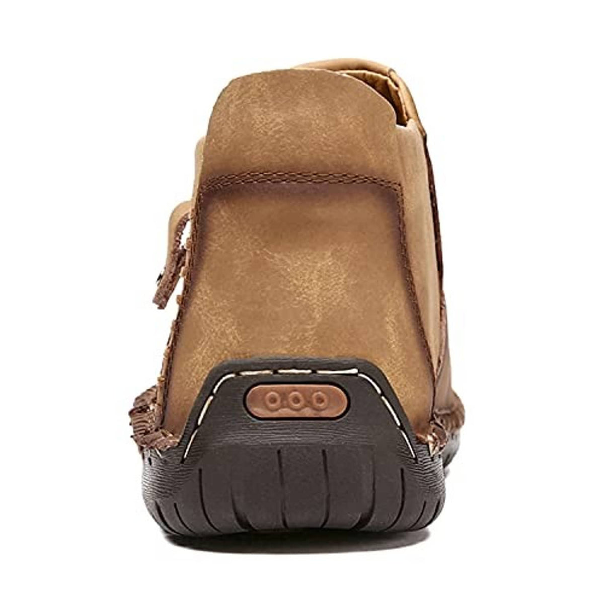 Men's tan chukka ankle boots, rear view with cushioned collar and grippy tread outsole