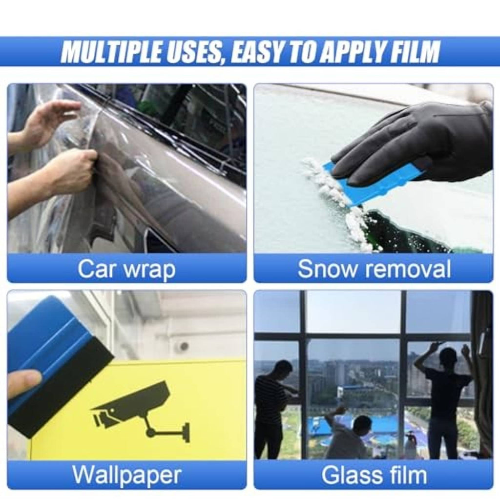 Blue plastic squeegee with black felt edge for film smoothing and scraping