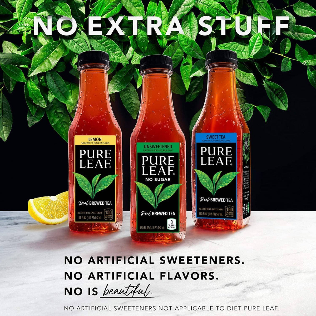Unsweetened Pure Leaf iced tea bottles (no sugar) in orange glass bottles