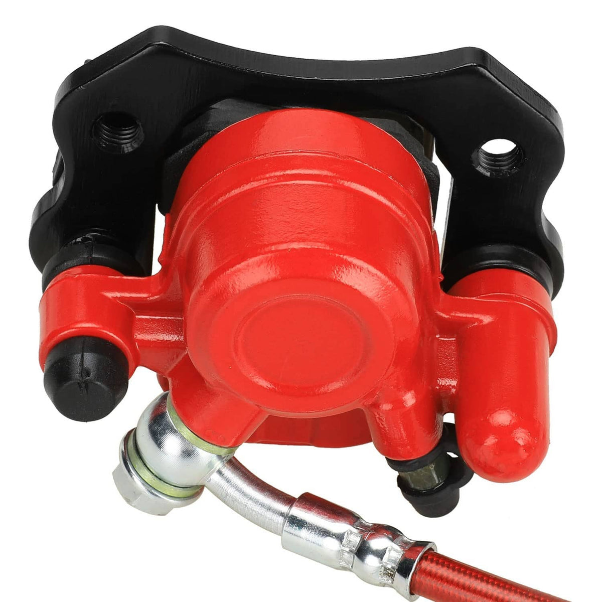 Close-up of red rear brake caliper with black mounting brackets and silver hose fitting