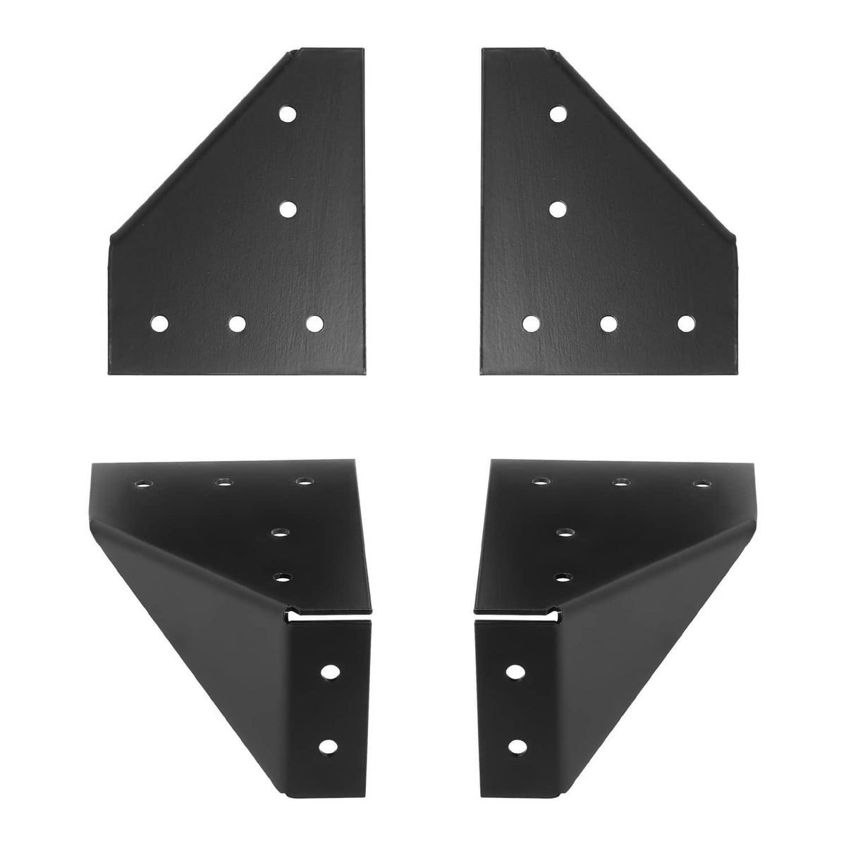 Black steel side-mount roof rack brackets with drilled holes and mounting tabs