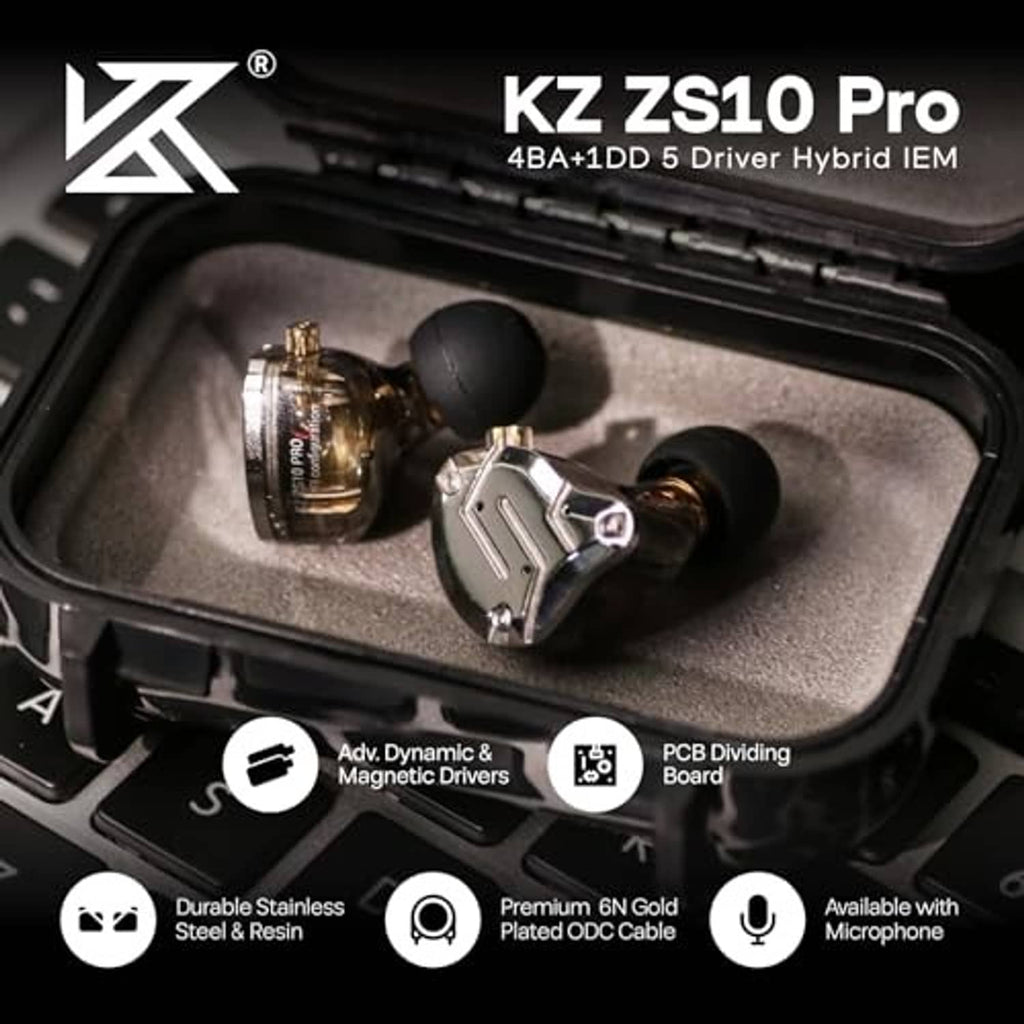 In-ear monitor set in black case with two earbuds and detachable clear cable