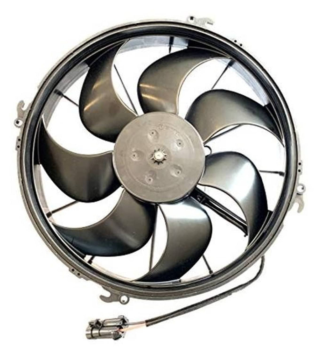SPAL 12V puller fan from side angle with curved blades, front hub, and power wire lead