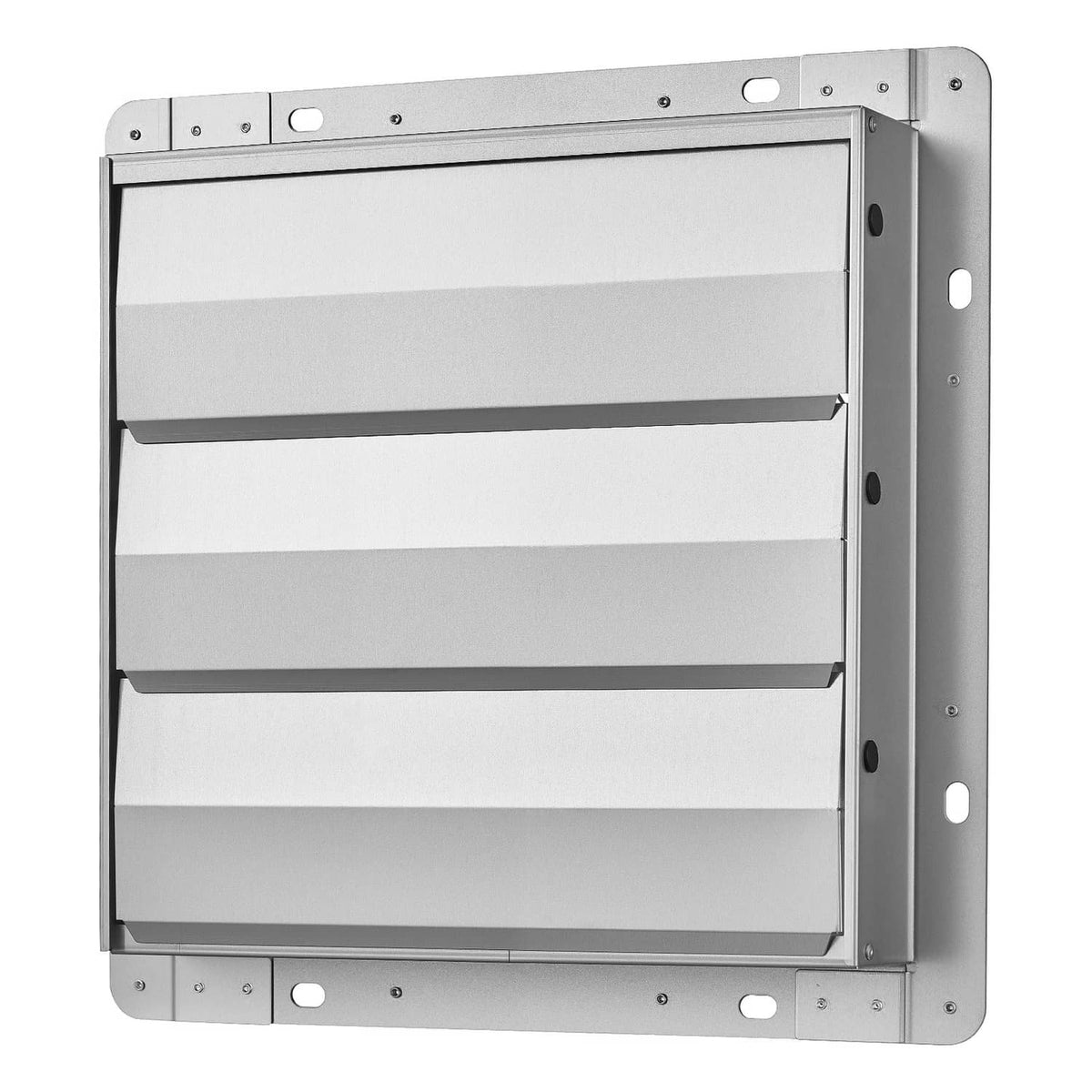 Wall-mounted exhaust fan louver housing with front cover and mounting brackets