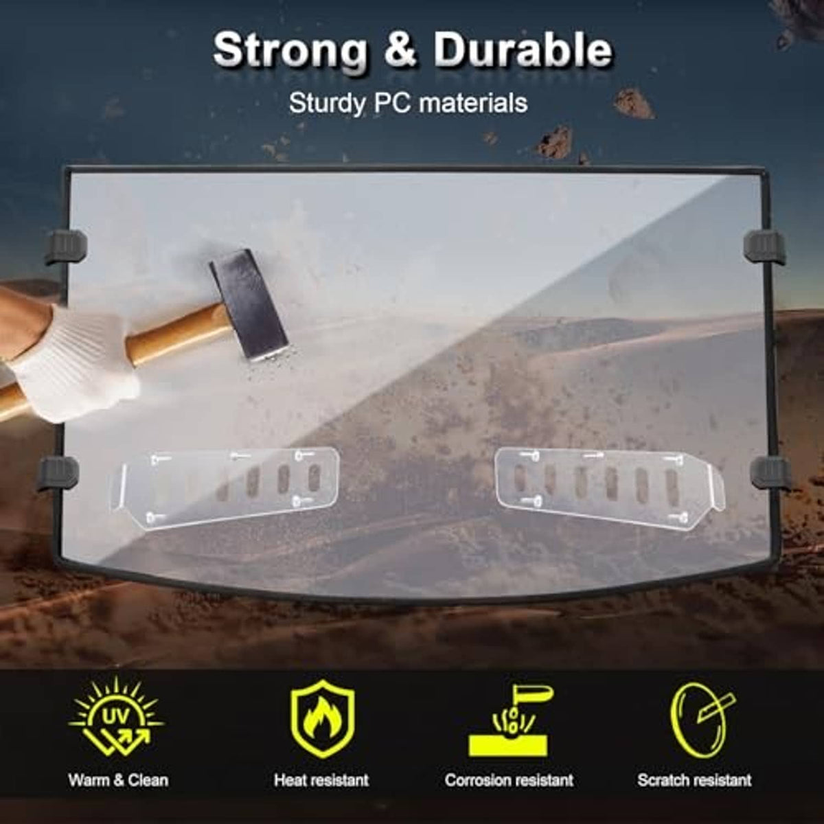 Durable vented clear windshield with sturdy side mounts for scratch-resistant UTV cab.