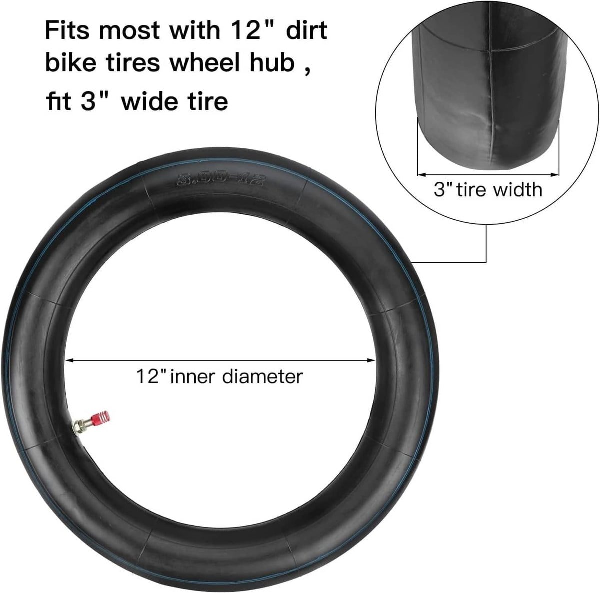 Black dirt bike inner tube with red valve stem and blue stripe