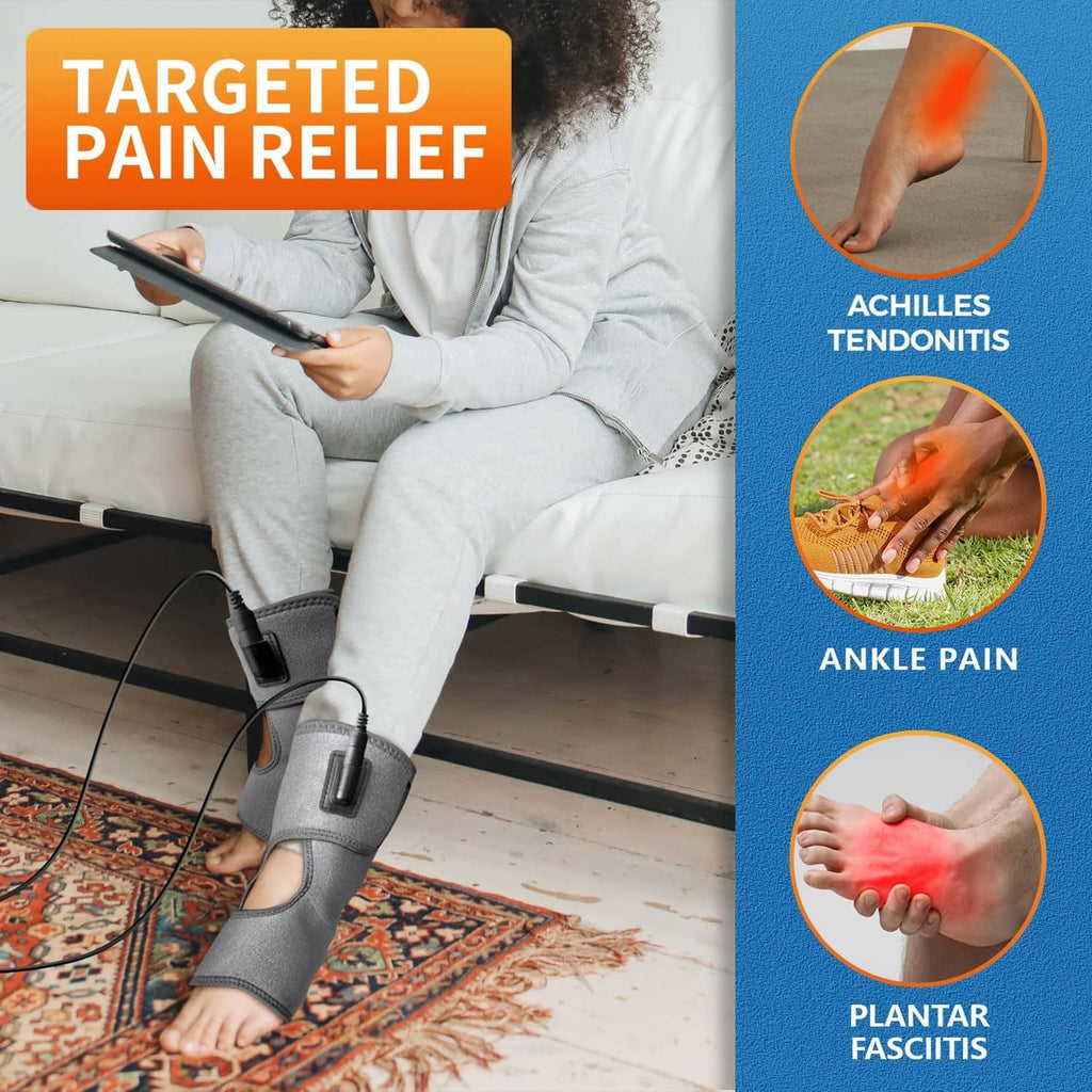 Gray ankle heating pads on person’s feet, with wired controller for heating