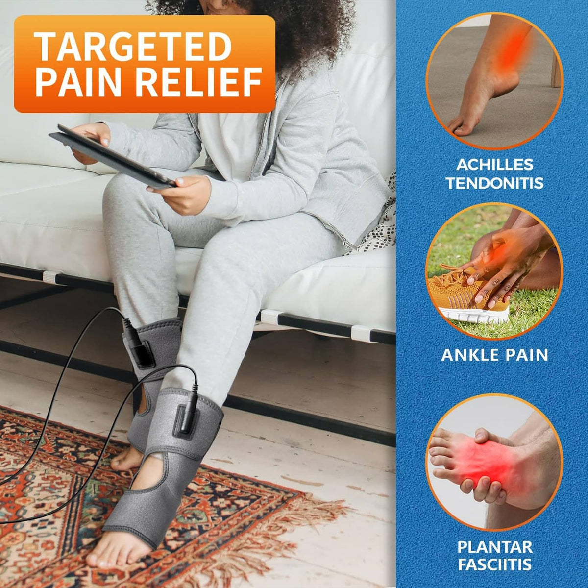Gray ankle heating pads on person’s feet, with wired controller for heating