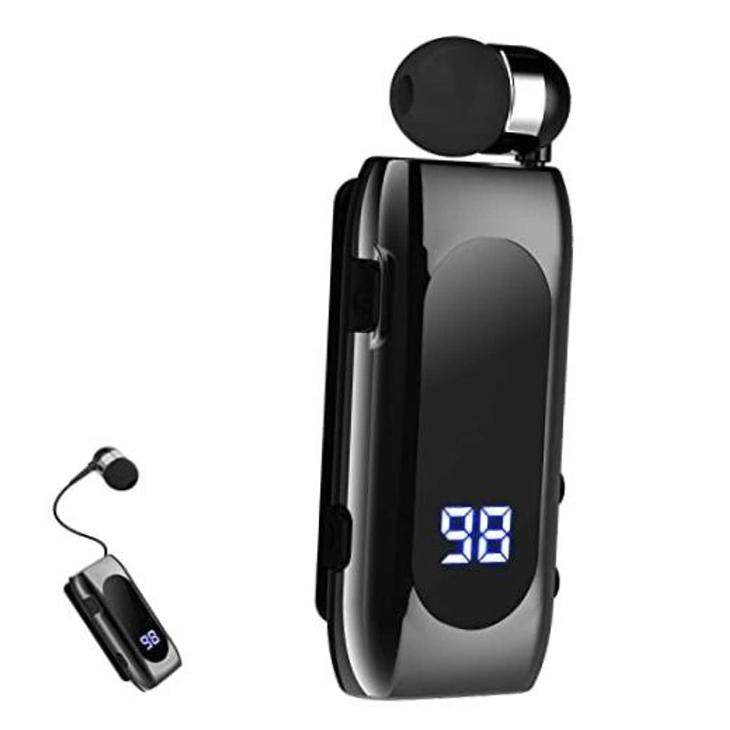 Retractable wireless earphone with black earbuds, charging clip case and blue 98 display