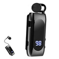 Retractable wireless earphone with black earbuds, charging clip case and blue 98 display