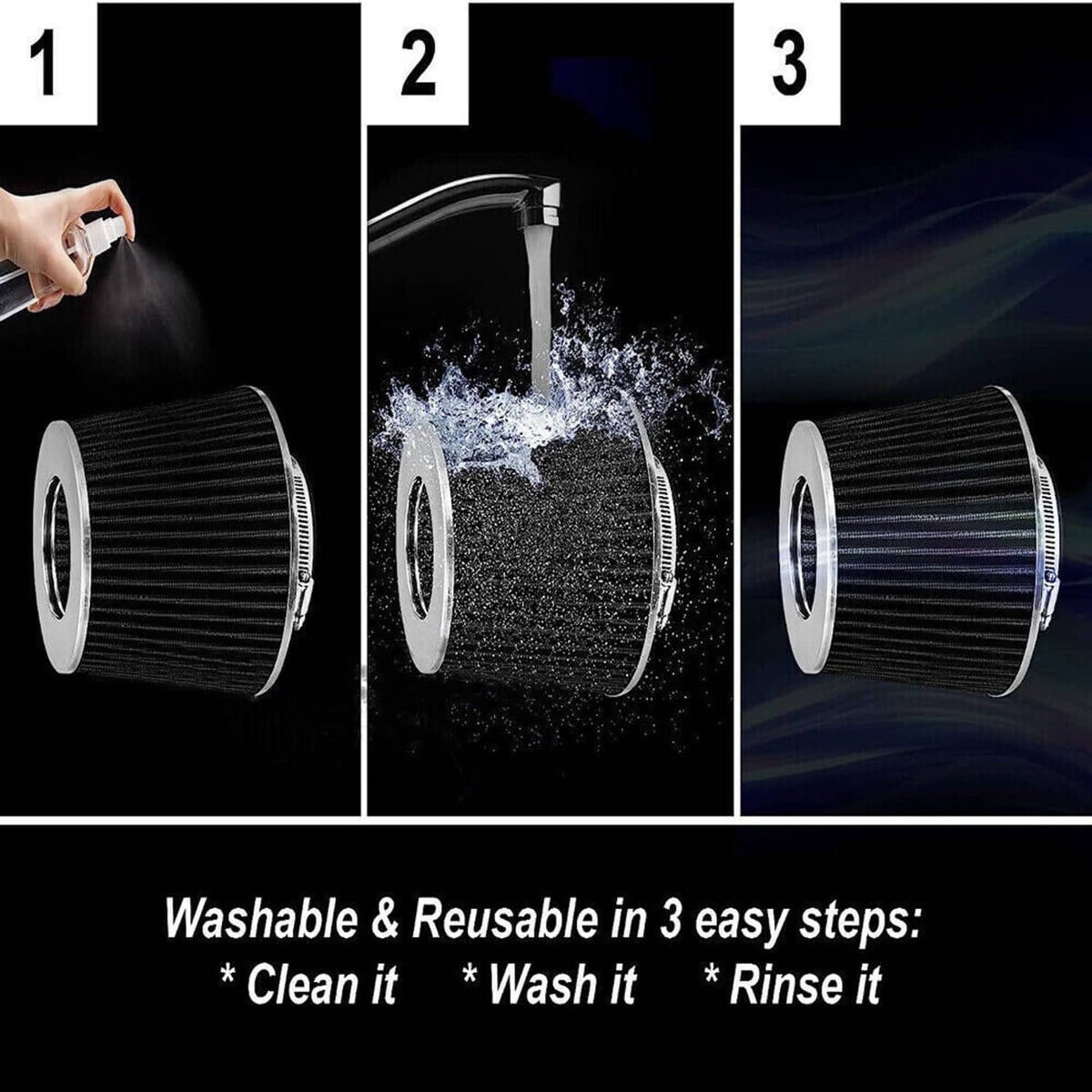 Reusable cone air filter and intake tube with water spray rinse step