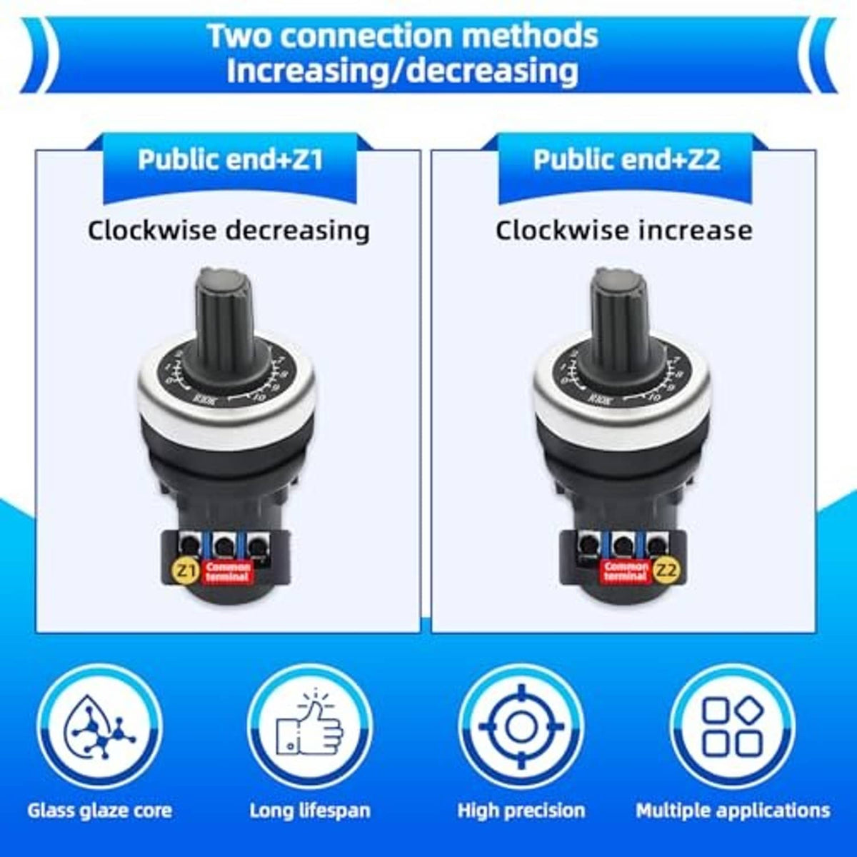 Rotary potentiometer with labeled Z1/Z2 terminals for increasing or decreasing wiring