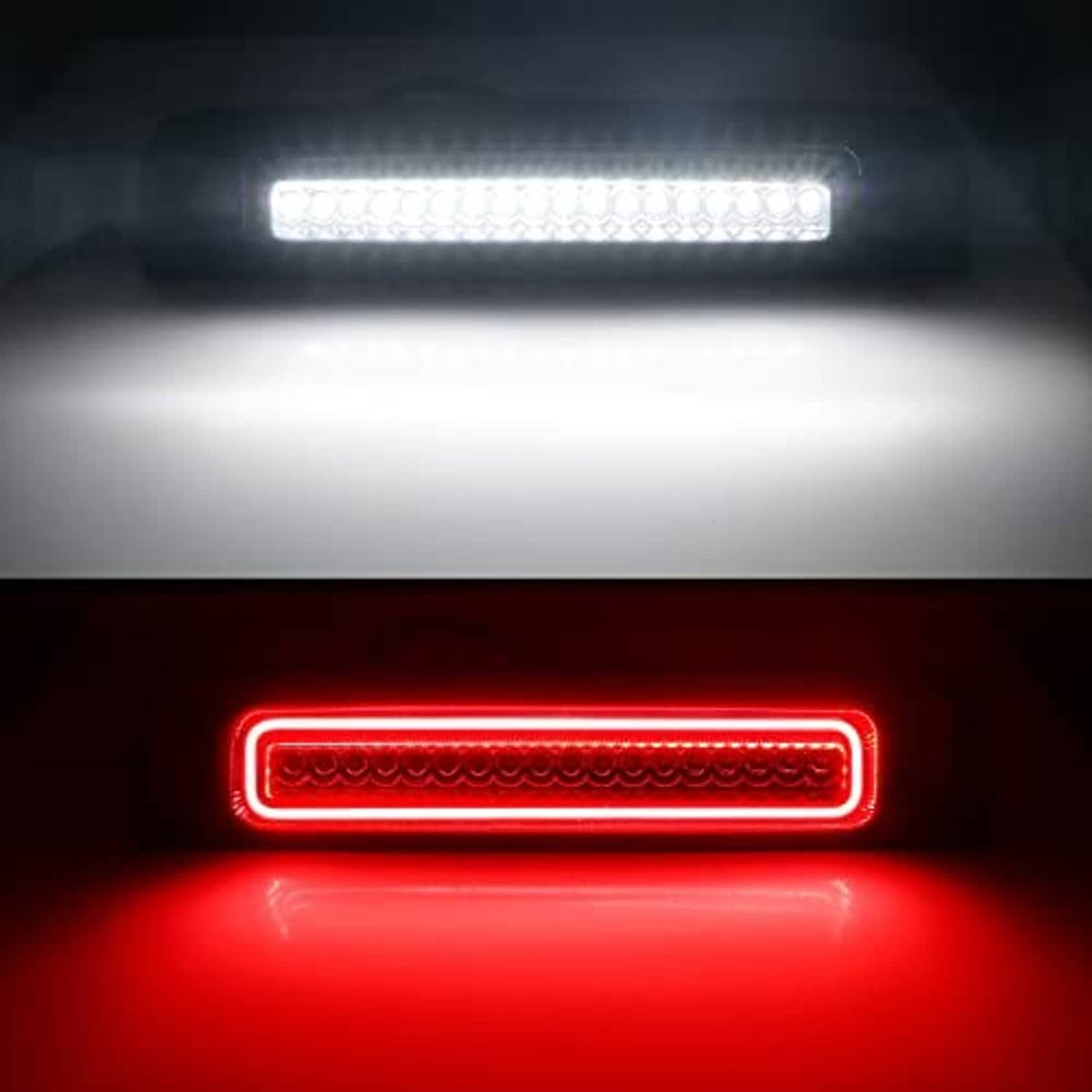Smoked LED third brake light bar close-up: bright white glow above red glow