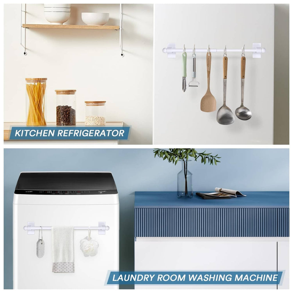 Magnetic curtain rod set mounted in kitchen and laundry areas with hanging items