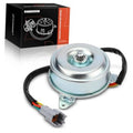 Radiator fan motor with circular silver housing and wiring harness connector