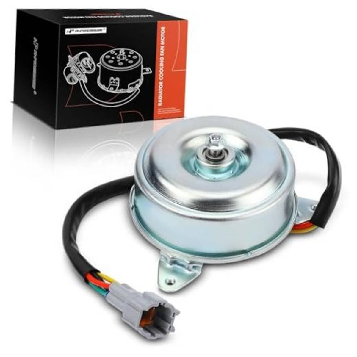 Radiator fan motor with circular silver housing and wiring harness connector