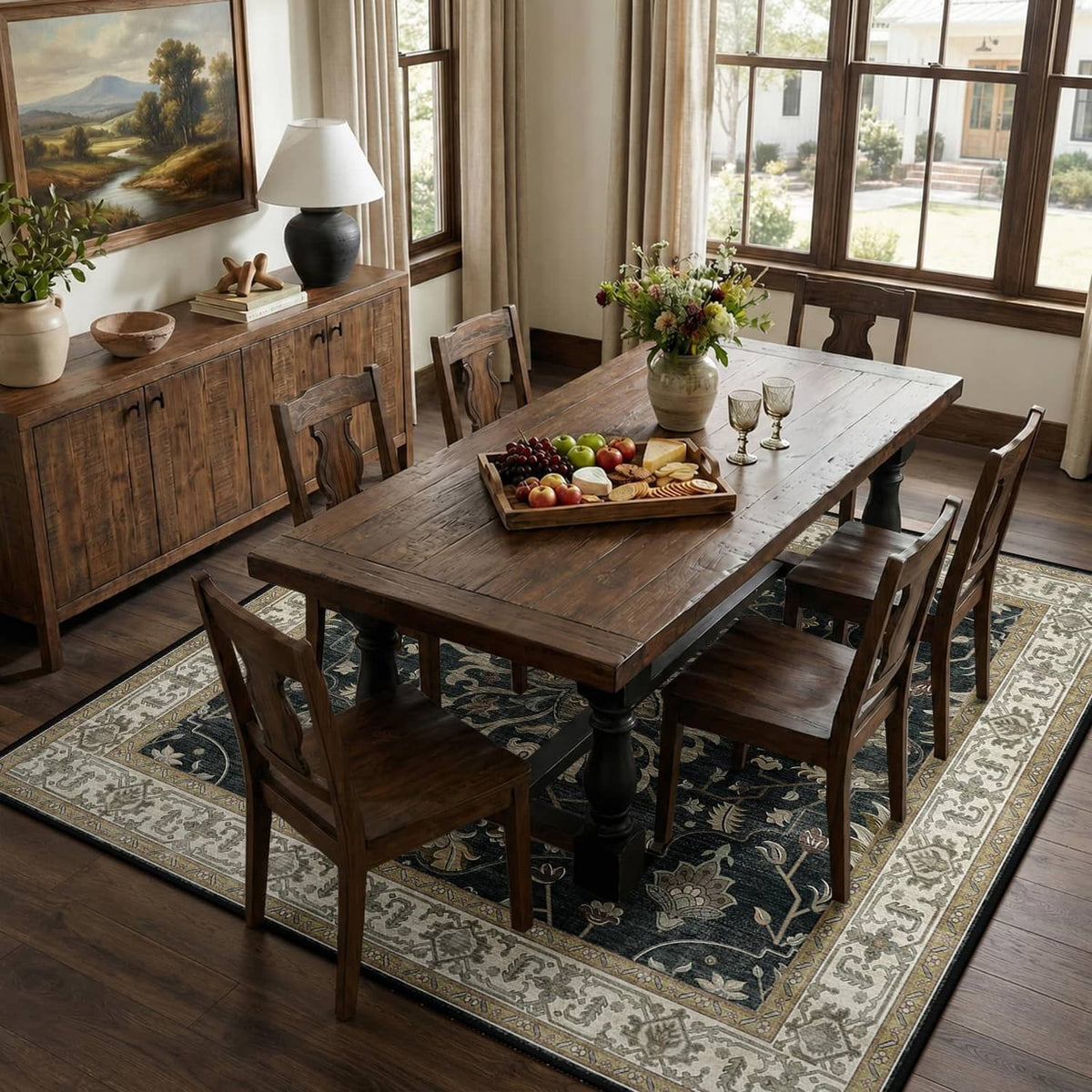 Washable square area rug under dining table with dark ornate pattern