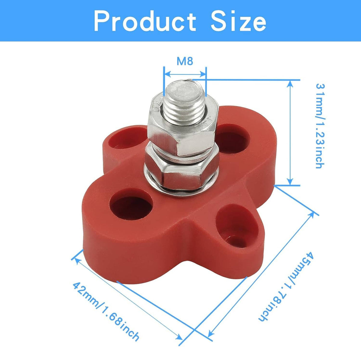 Red battery junction post terminal with M8 stud and three mounting holes (size diagram)