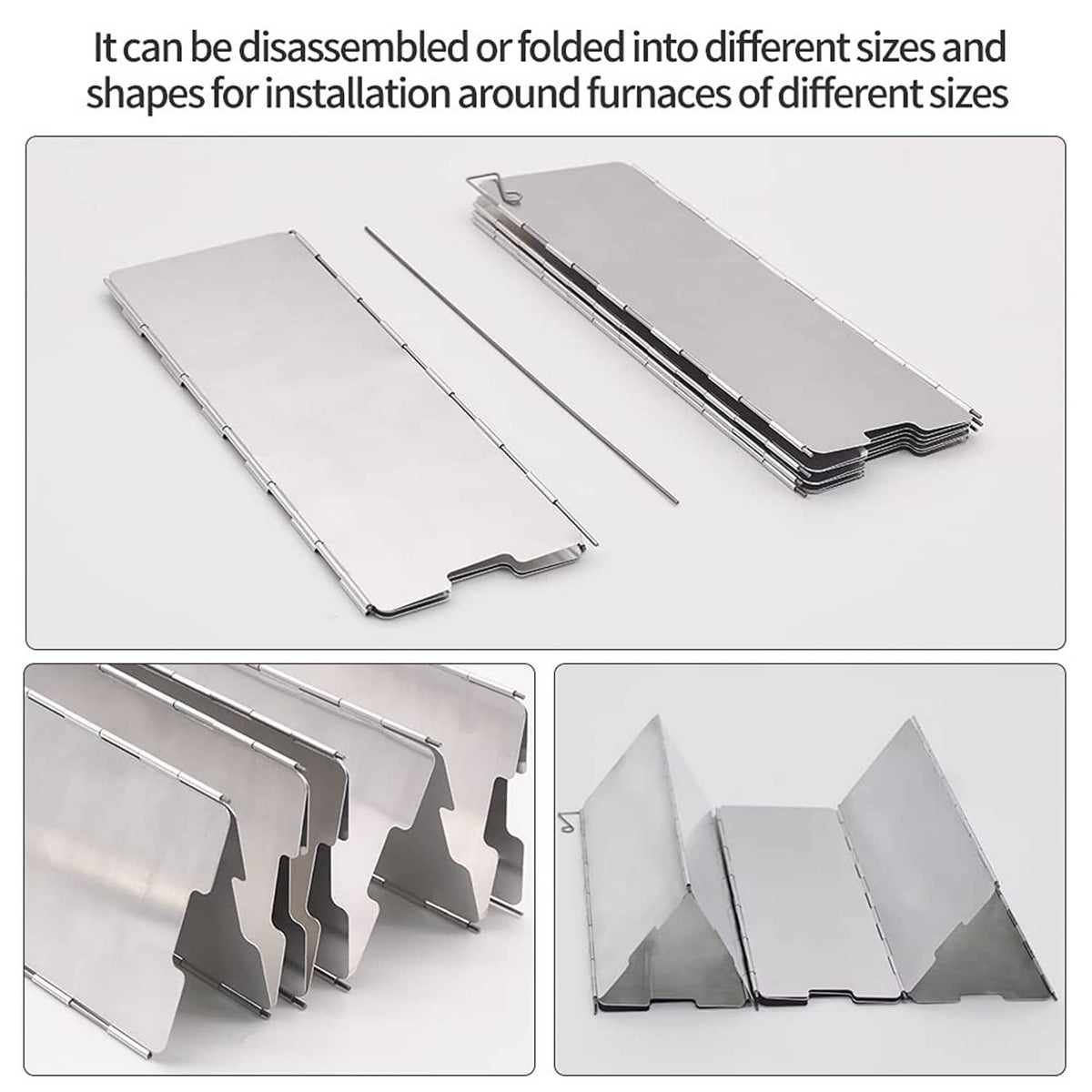 Aluminum stove windscreen with 10 foldable metal panels, flat folded set