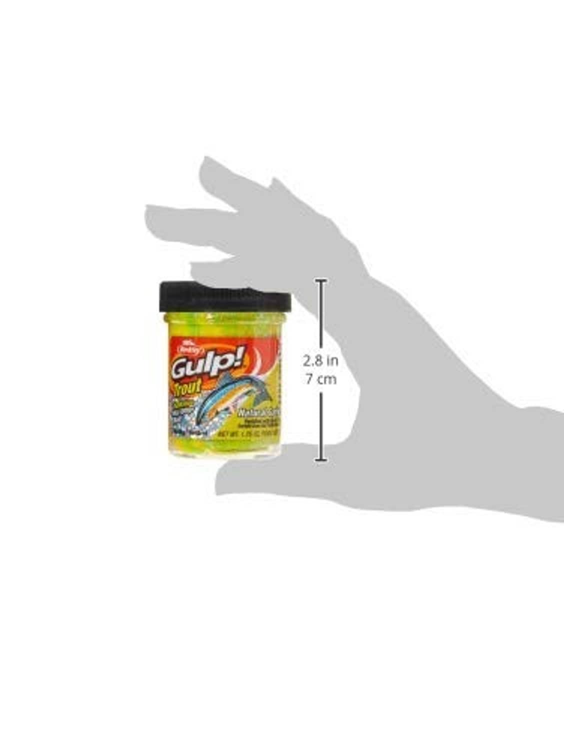 Gulp Trout bait jar shown with size scale, about 2.8 in tall
