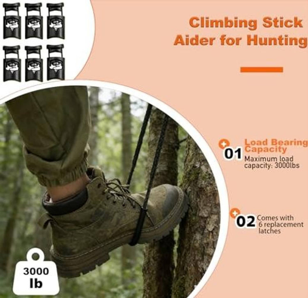 Climbing stick aider straps with buckles securing a boot to a tree log