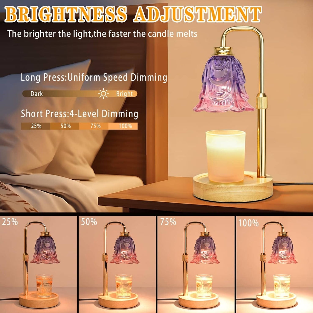 Gold candle warmer lamp with lavender flower glass shade and glowing candle on base