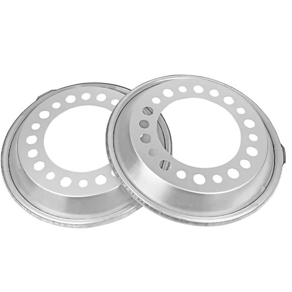 Dual silver steel wheel balancers with perforated ring and inner hub opening