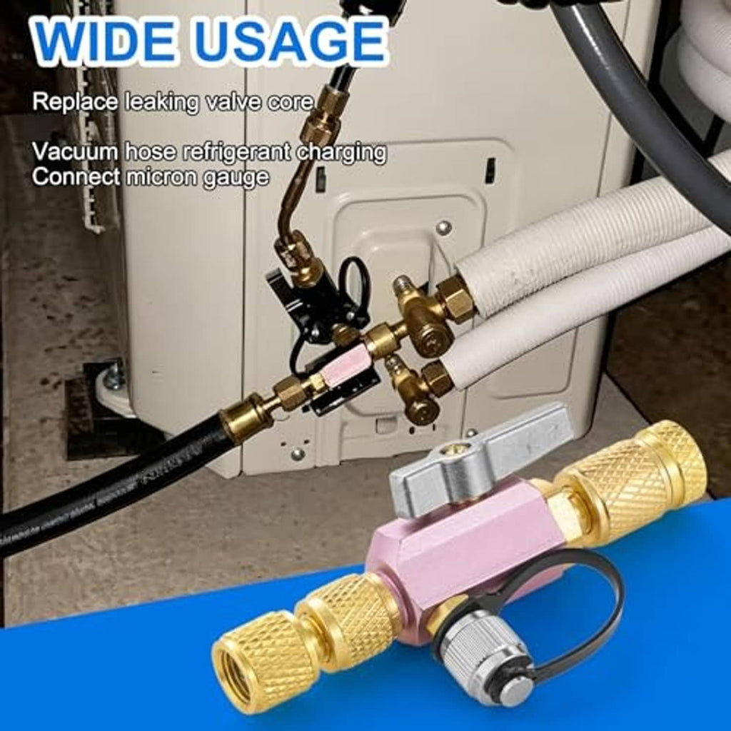 Valve core removal tool with gold knurled ends and pink body, connected to refrigeration unit