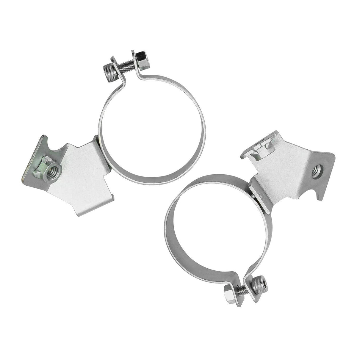 Metal mounting brackets with two circular clamps and bolts for coilover installation
