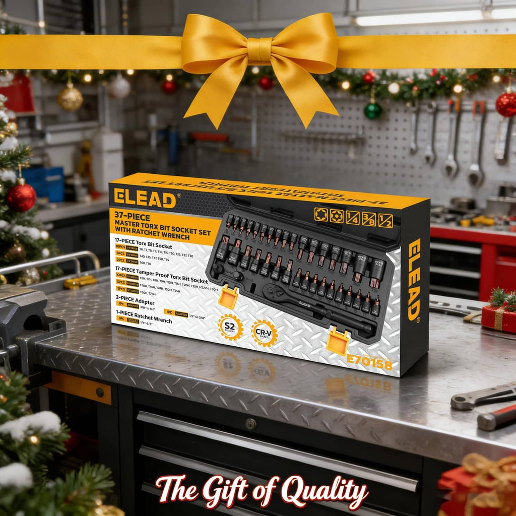 Retail package for Torx bit socket set with black-and-yellow case on a workbench