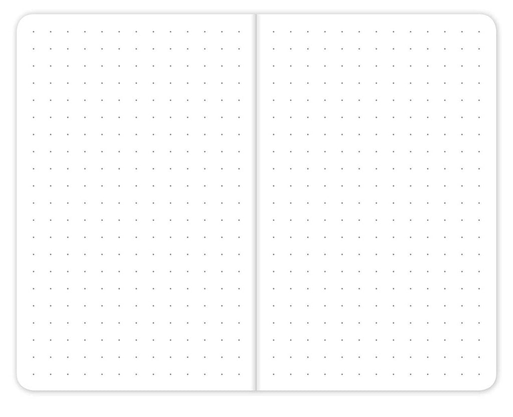 Two-page spread of white dotted grid paper in a pocket memo notebook