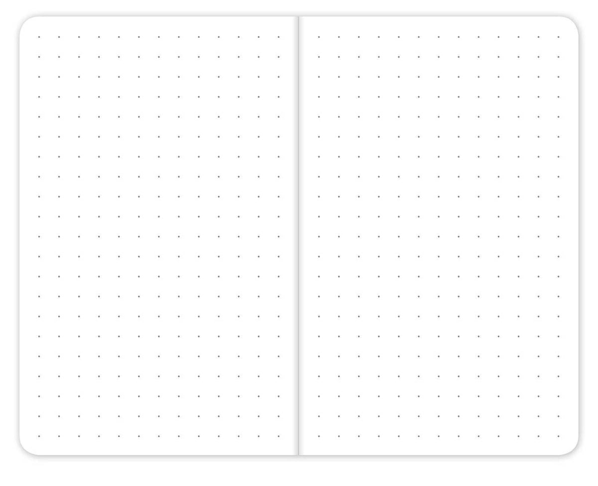 Two-page spread of white dotted grid paper in a pocket memo notebook