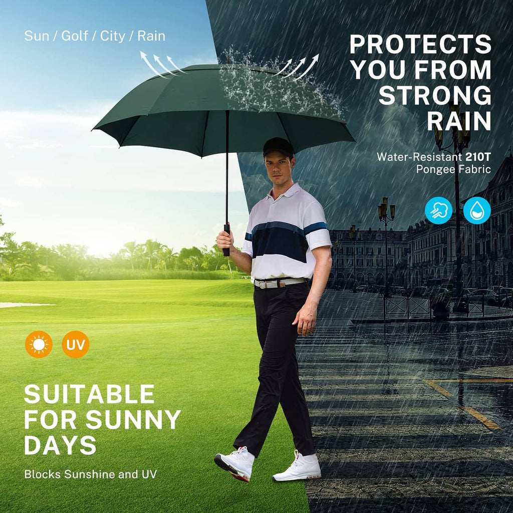 Dark green golf umbrella open, held over a standing golfer in rain