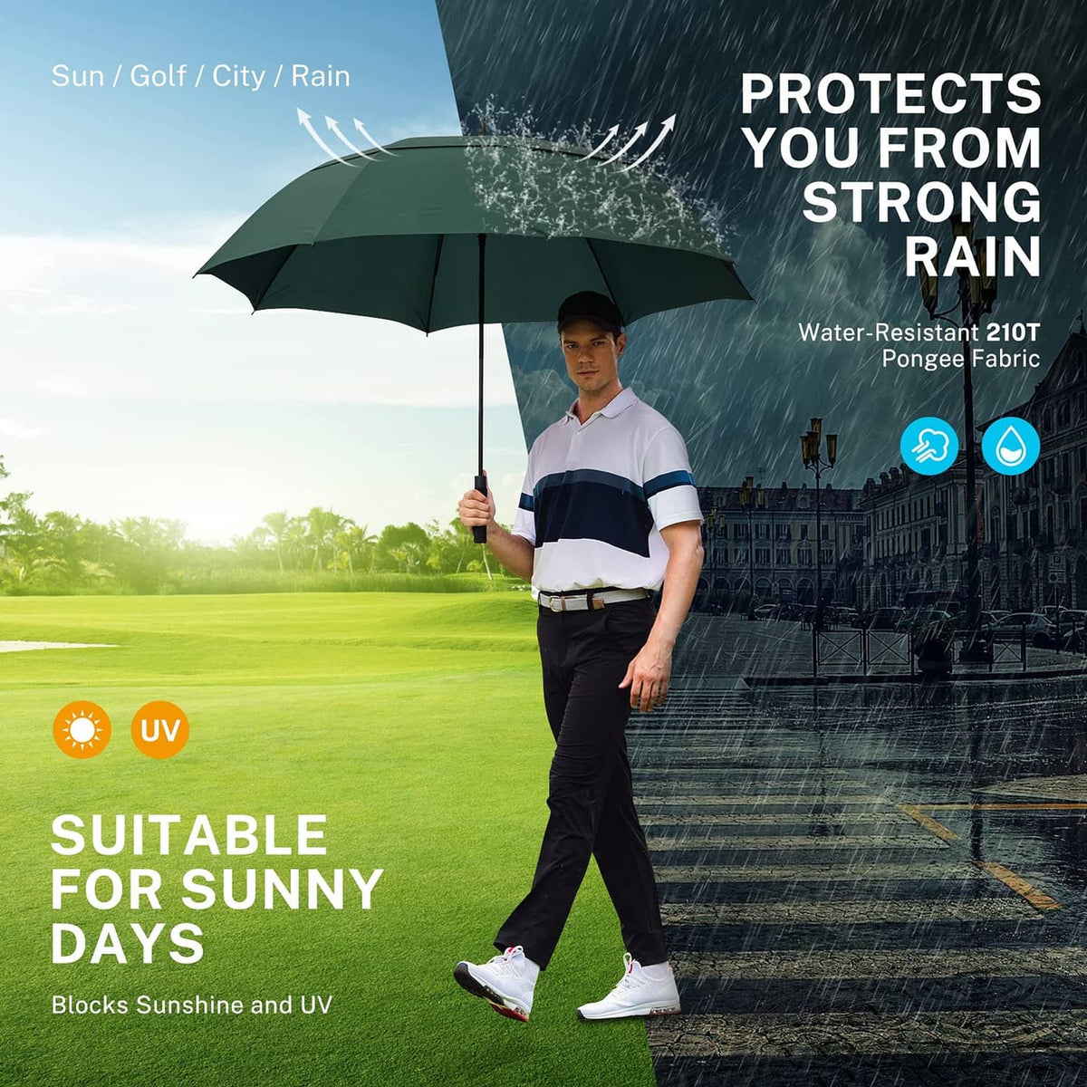 Dark green golf umbrella open, held over a standing golfer in rain