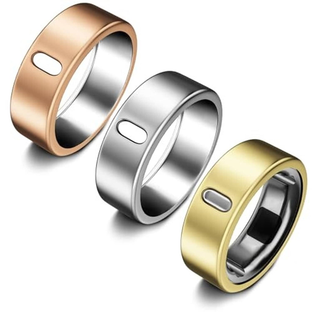 Set of three Oura ring covers in rose gold, silver, and gold, side view