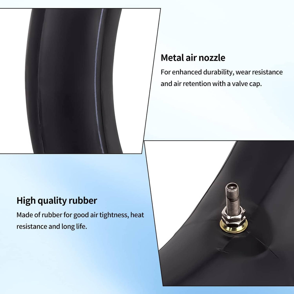 Motorcycle inner tube with metal air nozzle and valve cap on black rubber ring