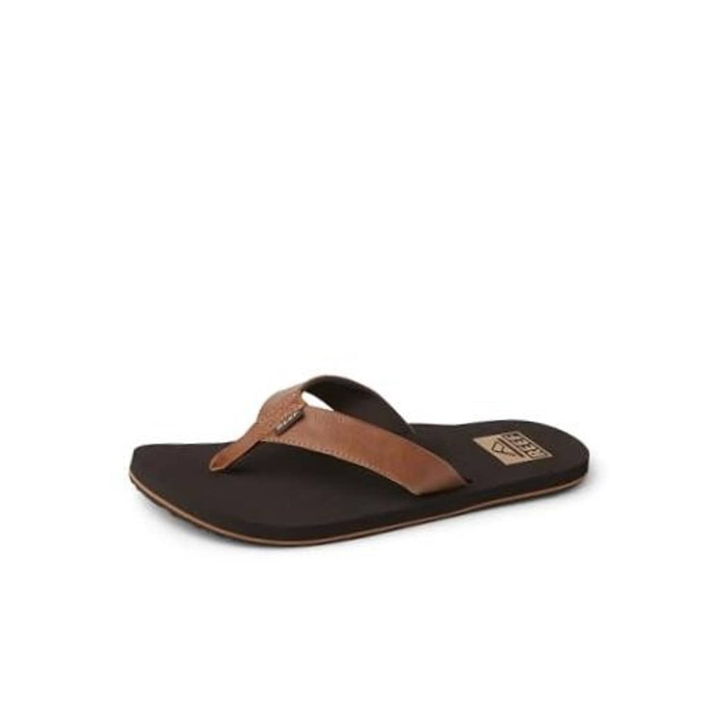 Brown men's flip-flop sandals with tan thong strap and textured sole.