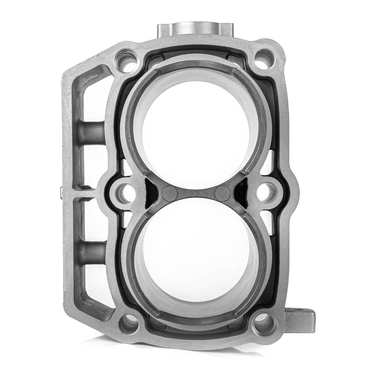 Cylinder gasket plate and dual bores on aluminum cylinder block, front view