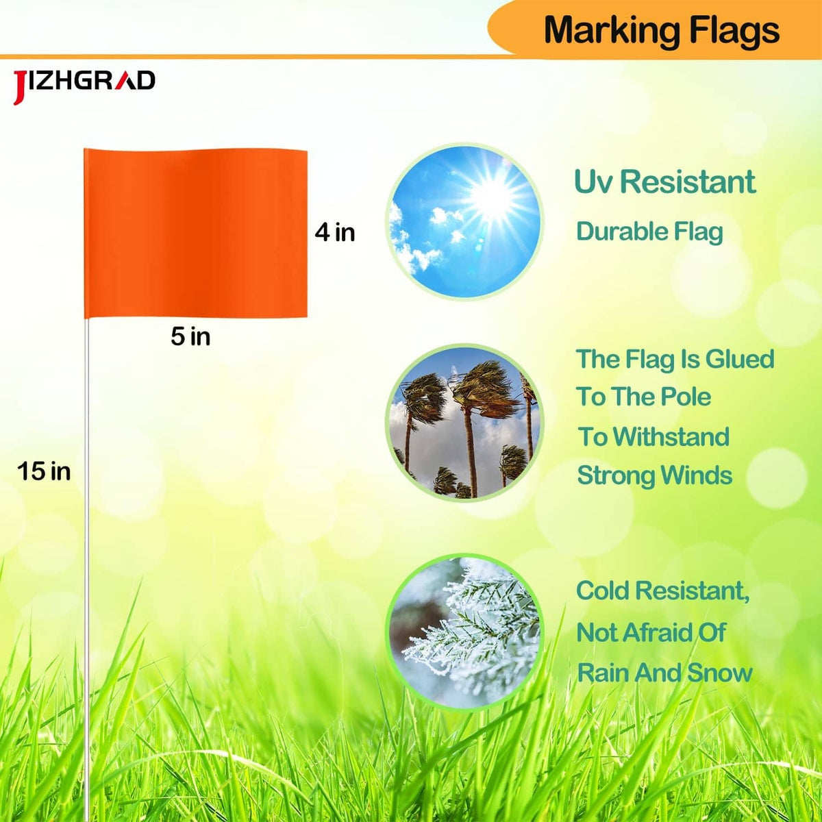 Orange marking flags on upright stakes for outdoor yard marking