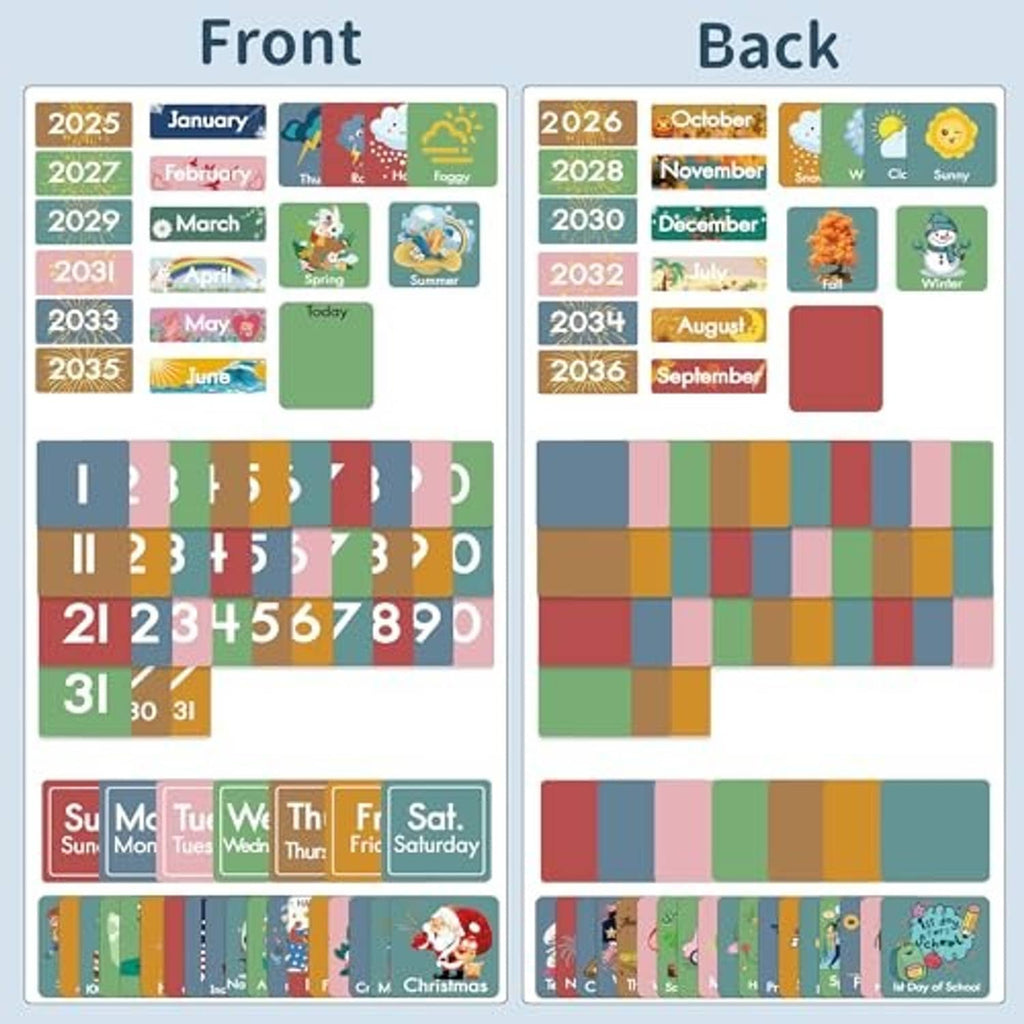 Calendar pocket chart front and back layouts showing months/years 2025–2036 in pockets