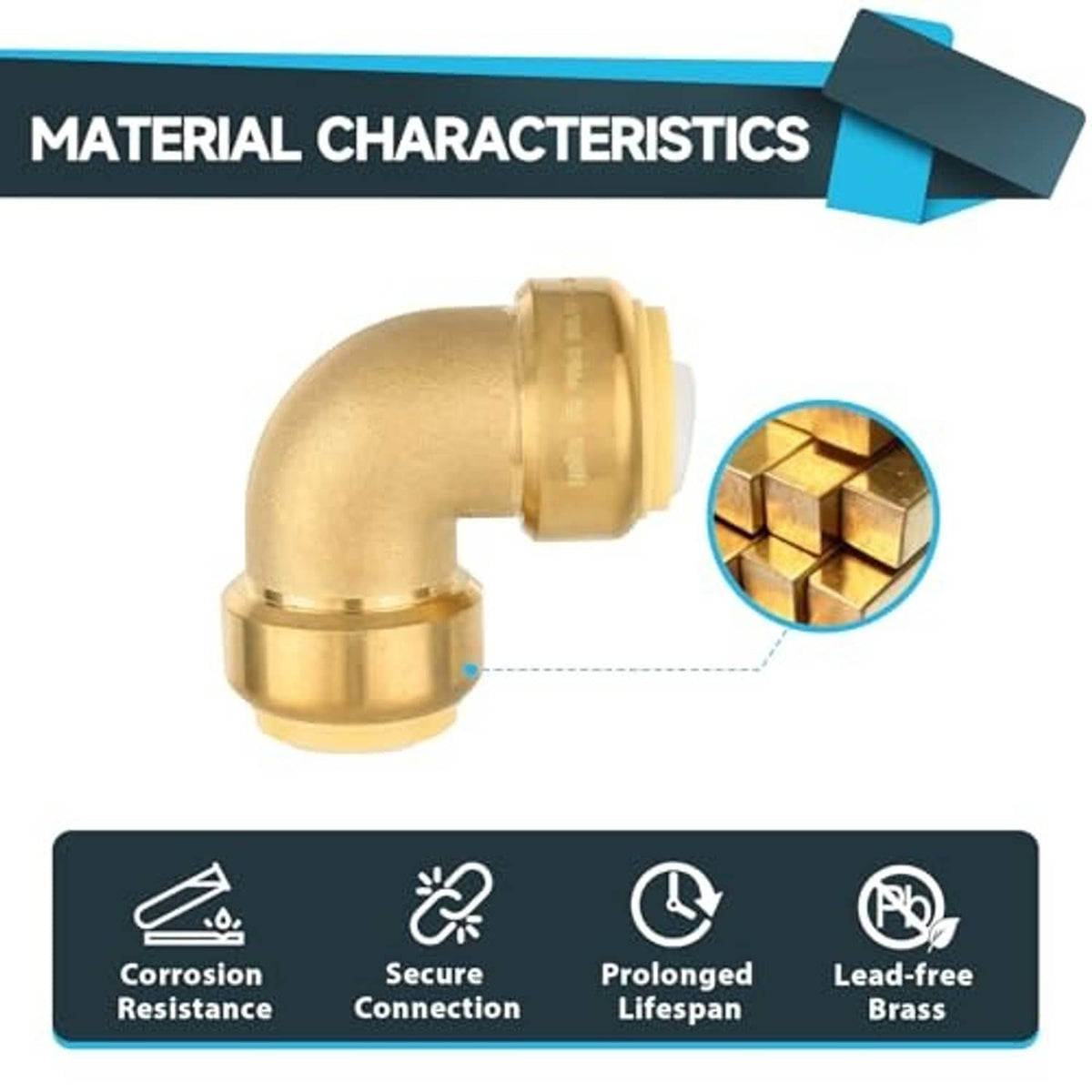 Lead-free brass 1-inch push-fit elbow fitting with threaded ring detail