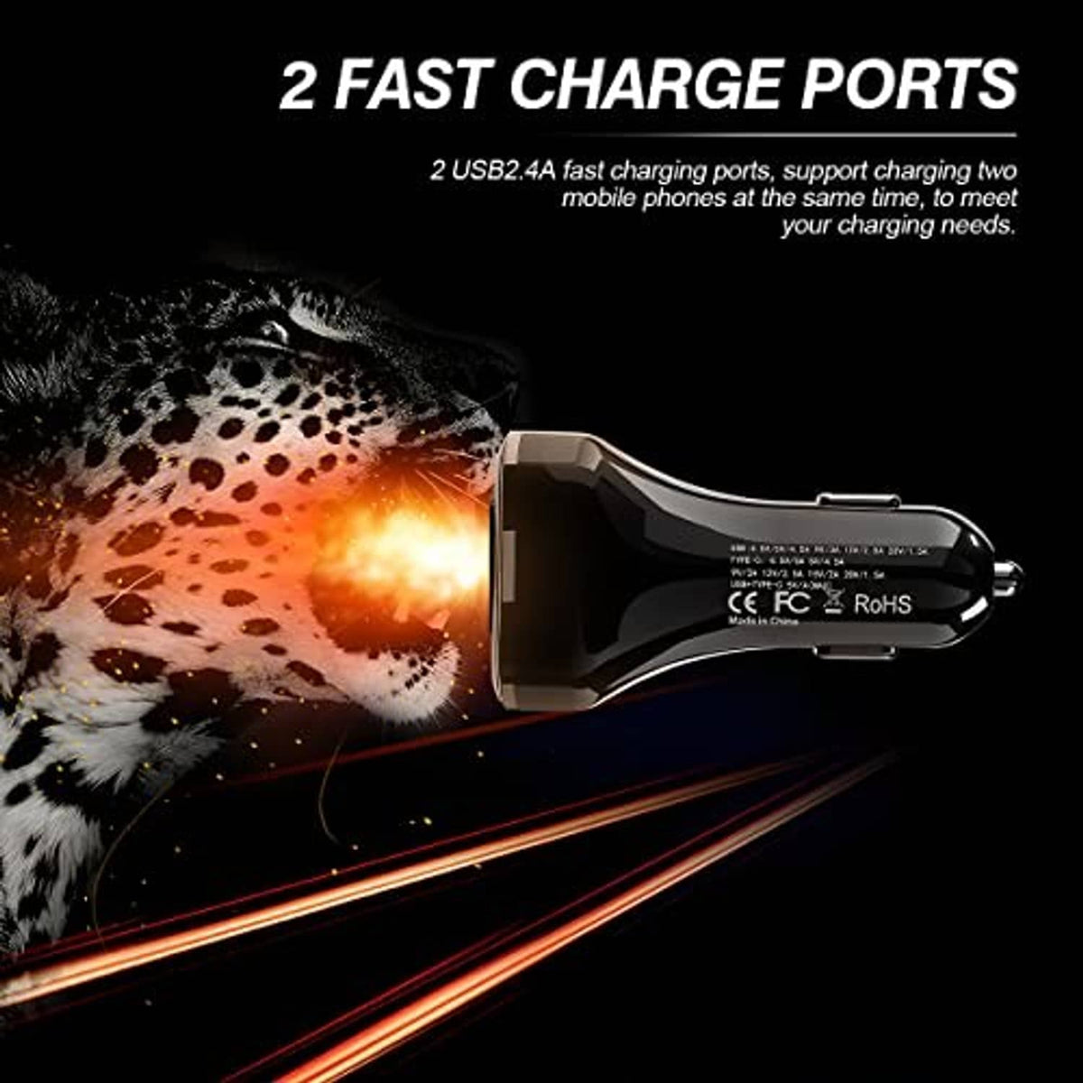 Dual USB car charger with two front USB ports and blue LED volt display