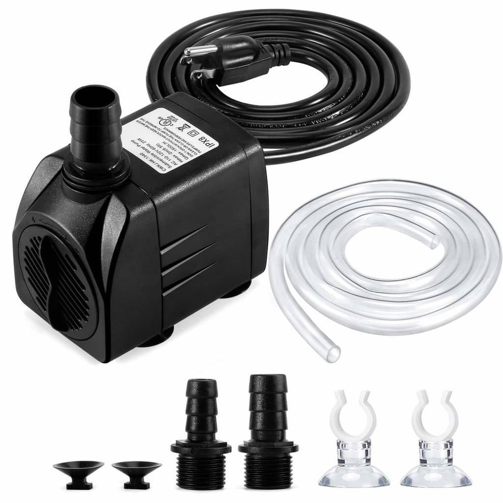 Submersible fountain water pump with black power cord and clear tubing, adjustable fittings