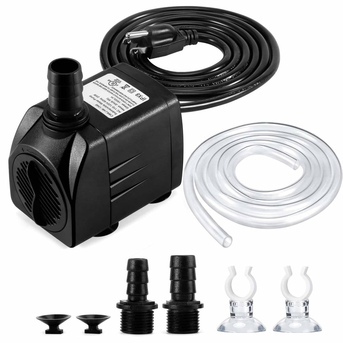 Submersible fountain water pump with black power cord and clear tubing, adjustable fittings