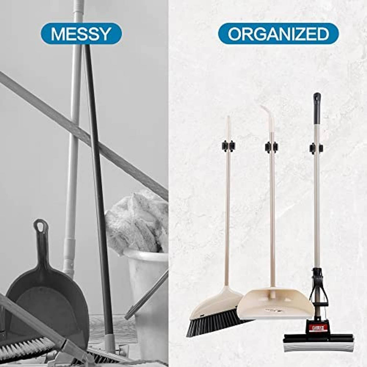 Wall-mounted broom and mop holders organizing multiple cleaning tools with black brackets