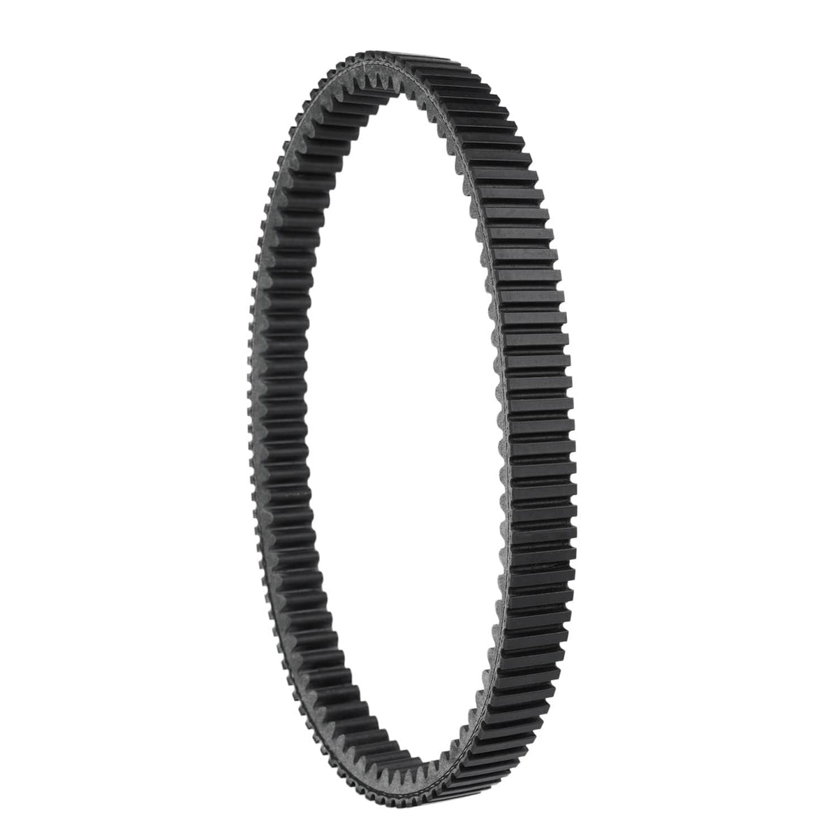 Black ribbed drive belt loop, close view of parallel teeth rows