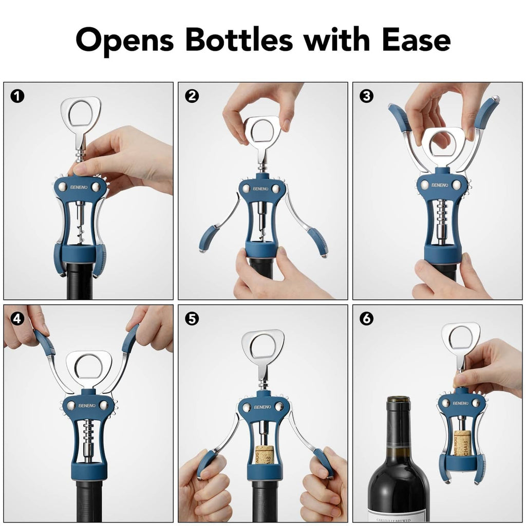 Blue wine bottle opener shown in six steps with chrome wings and lever.