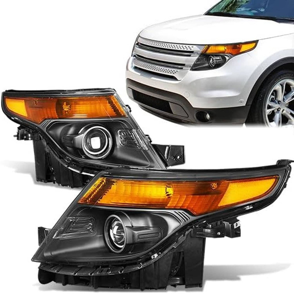 Set of black halogen projector headlights with amber markers installed on a white SUV